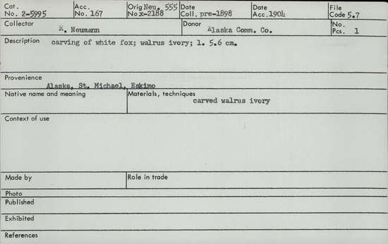 Documentation associated with Hearst Museum object titled Zoomorph, accession number 2-5995, described as Carving of white fox; made from walrus ivory.