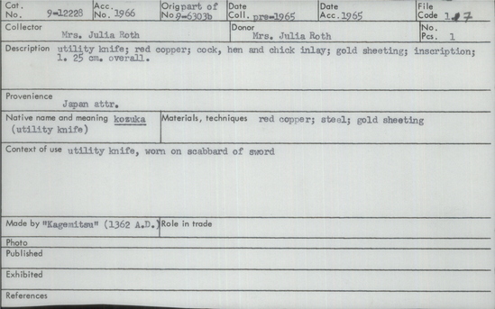 Documentation associated with Hearst Museum object titled Knife, accession number 9-12228, described as Utility knife, red copper, cock, hen and chick inlay, gold sheeting, inscription. Length 25 cm overall