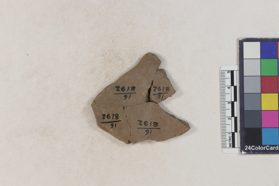 Hearst Museum object 123 of 183 titled Potsherd, accession number 16-8192, described as Potsherd: bodys Section of Manta on beach currently inhabited. Numbers  8111 to 8194 are sherds picked up on beach at low tide.