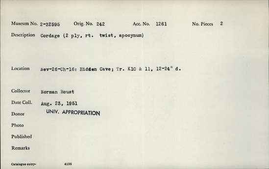 Documentation associated with Hearst Museum object titled Cordage, accession number 2-32595, described as Cordage ( two ply, right twist, apocynm).