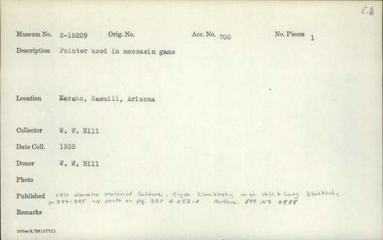 Documentation associated with Hearst Museum object titled Pointer, accession number 2-15209, described as Pointer used in mocassin game.