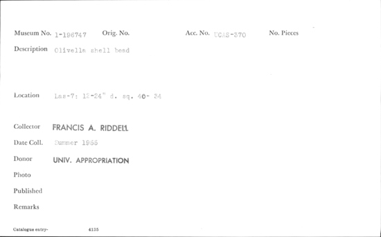 Documentation associated with Hearst Museum object titled Bead, accession number 1-196747, described as Olivella shell.