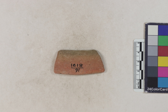 Hearst Museum object 46 of 160 titled Potsherd, accession number 16-8191, described as Potsherd: rims Section of Manta on beach currently inhabited. Numbers  8111 to 8194 are sherds picked up on beach at low tide.