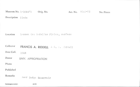 Documentation associated with Hearst Museum object titled Blade, accession number 1-104471, described as Blade.
