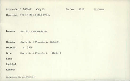 Documentation associated with Hearst Museum object titled Wedge fragment, accession number 1-165608, described as Bone, wedge point.