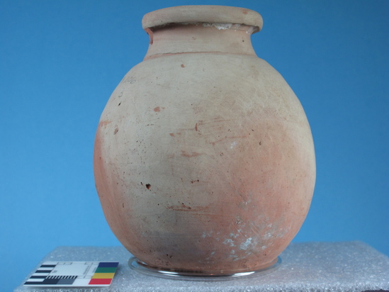 Hearst Museum object 36 of 85 titled Broken jar, accession number 6-5740, described as Pottery: smooth pinkish globose jar, rim broken