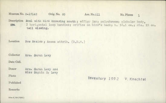 Documentation associated with Hearst Museum object titled Bowl, accession number 2-17142, described as Bowl with bird covering mouth, polychrome, globular body, 2 horizontal loop handles, orifice on back of bird. Tail missing.