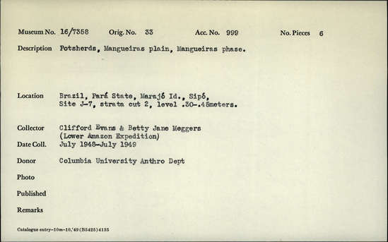 Documentation associated with Hearst Museum object titled Potsherds, accession number 16-7358, described as Potsherds, Mangueiras plain