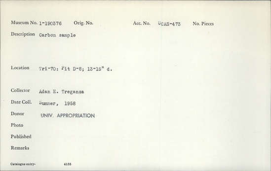 Documentation associated with Hearst Museum object titled Charcoal sample, accession number 1-190376, described as Carbon sample