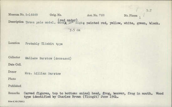 Documentation associated with Hearst Museum object titled Totem pole model, accession number 2-16669, described as Red cedar; painted red, yellow, white, green, and black. Carved figures, top to bottom: animal head, frog, beaver, frog in mouth. Wood type identified by Charles Brown, June 1964.