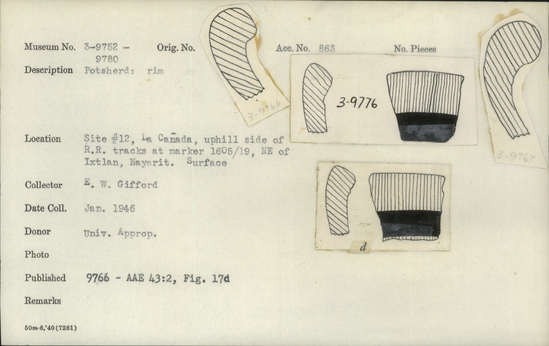 Documentation associated with Hearst Museum object titled Potsherd, accession number 3-9780, described as Potsherd, rim.