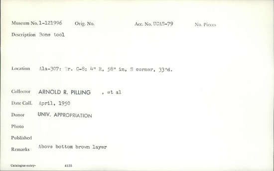 Documentation associated with Hearst Museum object titled Bone tool, accession number 1-121996, described as Bone tool