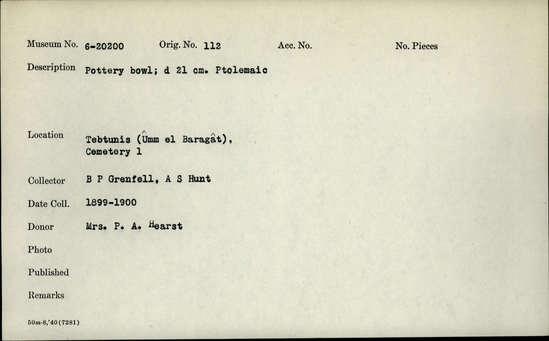 Documentation associated with Hearst Museum object titled Bowl, accession number 6-20200, described as Pottery bowl; diameter 21 cm. Ptolemaic