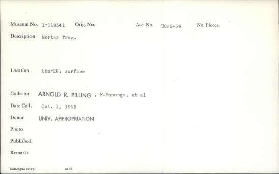 Documentation associated with Hearst Museum object titled Mortar fragment, accession number 1-119341, described as mortar fragment