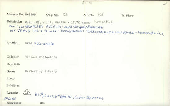 Documentation associated with Hearst Museum object titled Coin: æ sestertius, accession number 8-5899, described as Coin: Sestertius; Æ; Julia. Mamaea - 17.70 grams. Rome, 222-235 AD. Obverse: IVLIAMAMAEA AVGVSTA  - bust draped, diademed, facing right. Reverse: VENVS FELIX (Greek: Aphrodite), SC in exergue - Venus seated facing left, holding statuette in extended right hand, scepter in left.