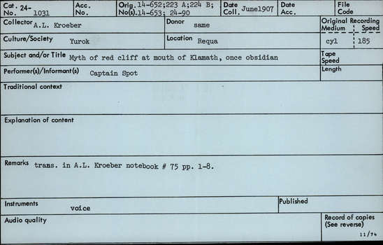 Documentation associated with Hearst Museum object titled Audio recording, accession number 24-1031, described as Myth of red cliff at mouth of Klamath once obsidian.