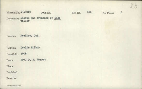 Documentation associated with Hearst Museum object titled Botanical sample, accession number 1-14545, described as botanical sample of Idho willow.