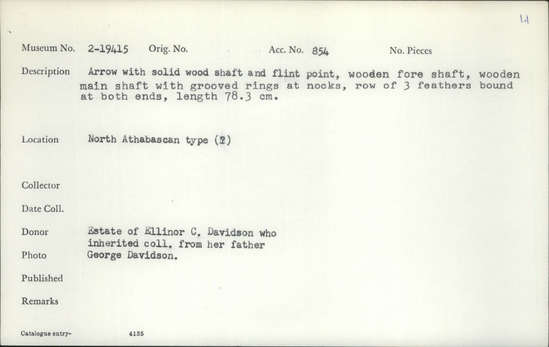 Documentation associated with Hearst Museum object titled Arrow, accession number 2-19415, described as Arrow with solid wood shaft and flint point, wooden foreshaft, wooden main shaft with grooved rings at nocks. Row of 3 feathers bound at both ends.