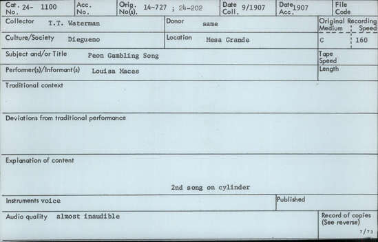 Documentation associated with Hearst Museum object titled Audio recording, accession number 24-1100, described as Peon Game Song