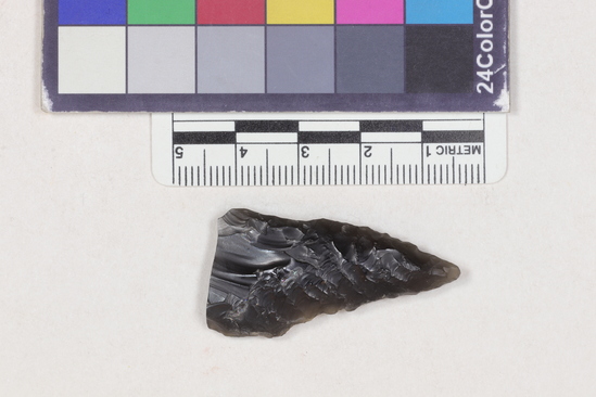 Hearst Museum object titled Projectile point fragment, accession number 16-14274, described as Projectile point; obsidian; triangular; weight: 5.14 grams; length: 3.95 cm; width: 2.08 cm; depth: 0.64 cm; irregular sides; broken.