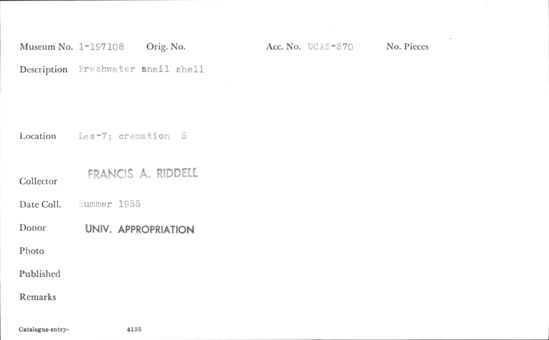 Documentation associated with Hearst Museum object titled Shell, accession number 1-197108, described as Freshwater snail.