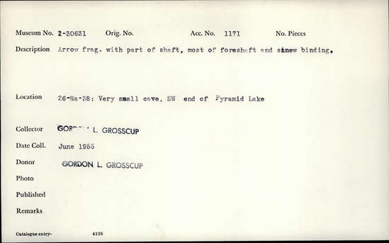 Documentation associated with Hearst Museum object titled Arrow, accession number 2-30631, described as Arrow; fragment, with part of shaft, most of foreshaft and sinew binding