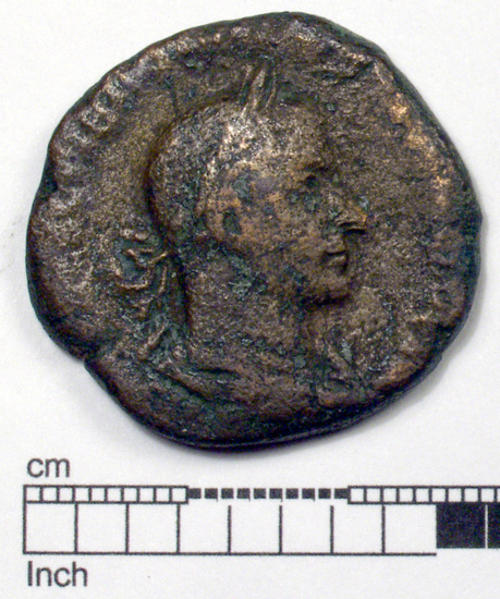 Hearst Museum object 1 of 8 titled Coin: æ sestertius, accession number 8-5912, described as Coin: Sestertius?; Æ; Tribonianus.Gallus - 14.55 grams. Rome, 251-253 AD. Obverse: [IMP CAES C VIBIVS TREBONIANVS GALLVS AVG] - Bust laureate, draped, facing right. Reverse: CONCORD[IA AVGG], SC - Concordia standing facing left holding patera in outstretched right hand, double cornucopiae in left.