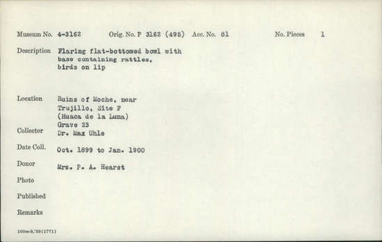 Documentation associated with Hearst Museum object titled Bowl w/ base, accession number 4-3162, described as Flaring flat-bottomed bowl with base containing rattles, birds on lip