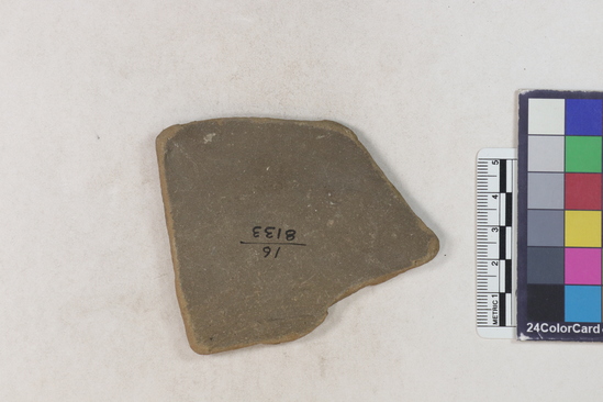 Hearst Museum object 2 of 2 titled Potsherd, accession number 16-8133, described as Potsherd; Body; incised, cat design Numbers  8111 to 8194 are sherds picked up on beach at low tide.Section of Manta on beach currently inhabited.