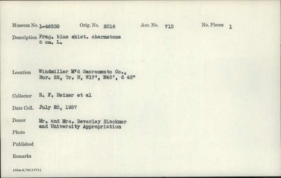 Documentation associated with Hearst Museum object titled Charmstone, accession number 1-46530, described as fragment (end section), blue schist, charmstone