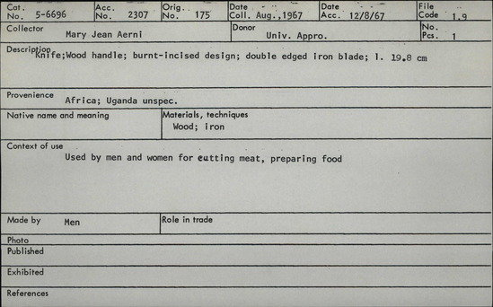 Documentation associated with Hearst Museum object titled Knife, accession number 5-6696, described as wood handle; burnt-incised design; double edged iron blade.