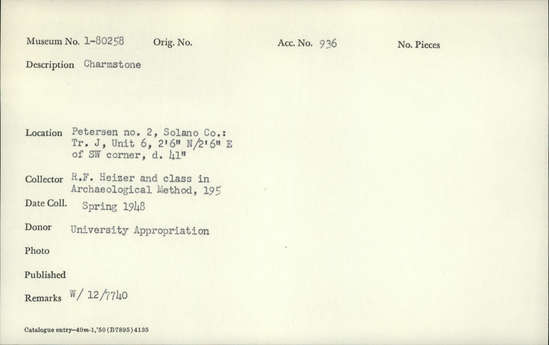 Documentation associated with Hearst Museum object titled Charmstone, accession number 1-80258, described as Charmstone.