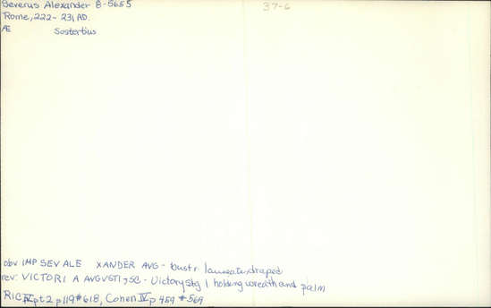 Documentation associated with Hearst Museum object titled Coin: æ sestertius, accession number 8-5655, described as Coin. Roman. Sestertius, Æ. (   grams; 34 mm). Severus Alexander. 222-231/5 AD. Rome. Obverse: IMP  SEV  ALEXANDER  AVG   Bust facing right, laureate. Reverse: VICTORIA AVGVSTI   Victory standing facing left, holding wreath and palm; S C in field.