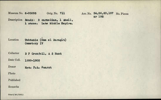 Documentation associated with Hearst Museum object titled Beads, accession number 6-20895, described as Inv:  3 carnelian beads, 2 other material.