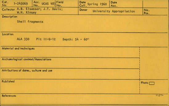 Documentation associated with Hearst Museum object titled Shell, accession number 1-243069, described as Shell fragments.