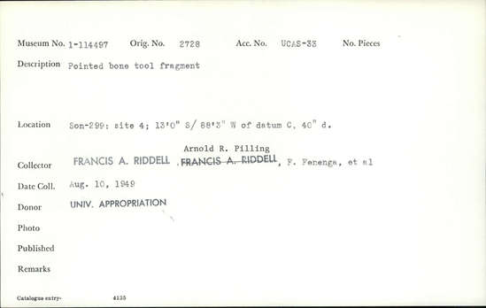 Documentation associated with Hearst Museum object titled Worked bone, accession number 1-114497, described as Bone. Pointed.