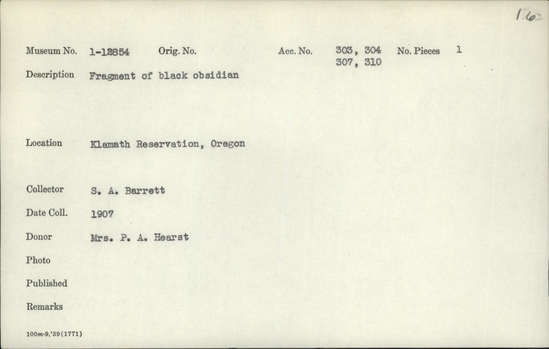 Documentation associated with Hearst Museum object titled Stone tool, accession number 1-12854, described as Black obsidian.