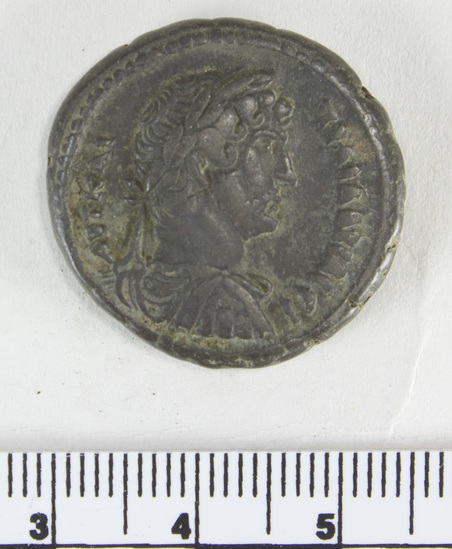 Hearst Museum object 5 of 6 titled Coin: billon tetradrachm, accession number 6-22559, described as Head of Hadrian, laureate, wearing cloak and cuirass