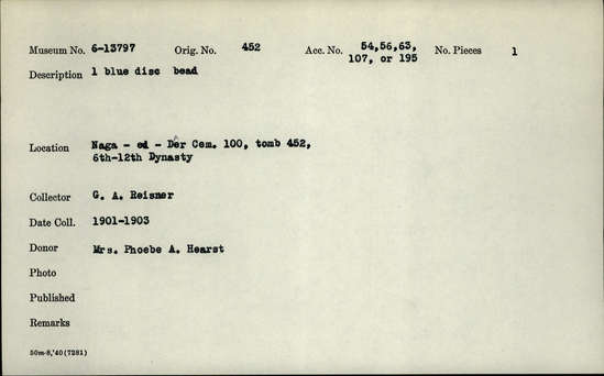 Documentation associated with Hearst Museum object titled Bead, accession number 6-13797, described as 1 blue disc bead.