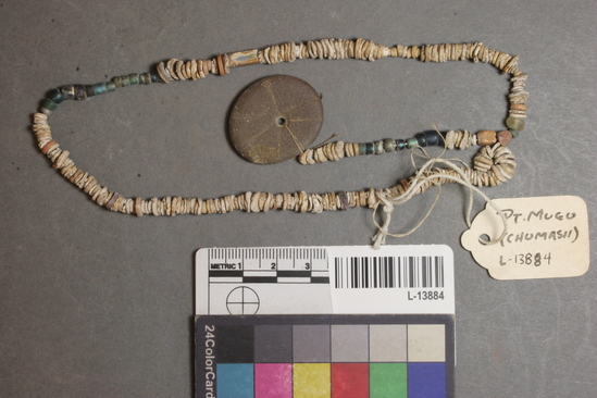 Hearst Museum object titled Beads and pendant, accession number L-13884, described as String of olivella shell and trade beads with perforated stone ornament