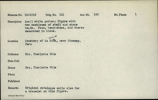 Documentation associated with Hearst Museum object titled Figurine, accession number 16-1018, described as Small white pottery figure with two necklaces of shell and stone beds. Face, head-dress, and thorax decorated in black