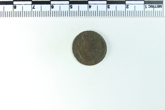 Hearst Museum object 4 of 4 titled Coin, accession number 7-4270, described as Spanish coin, copper, number two inscribed on obverse, value unknown, obverse head of Charles III, reverse lions and castles in cross, date 1778.