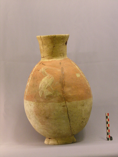 Hearst Museum object titled Jar, accession number 4-3274, described as Loop-necked jar, red handle, painting of monster-headed man offering a human head to a serpent