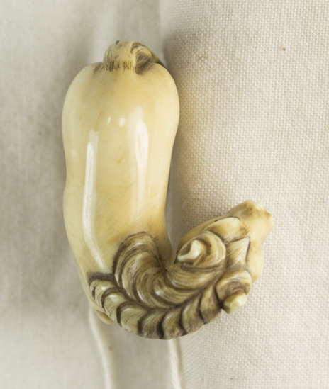 Hearst Museum object 2 of 12 titled Netsuke, accession number 9-18830, described as Netsuke; horse, standing, facing to its left; exxagerated [sic, exaggerated] facial features and generalized body; four feet connected by patch representing ground; H 3.7 cm X L 4.2 cm