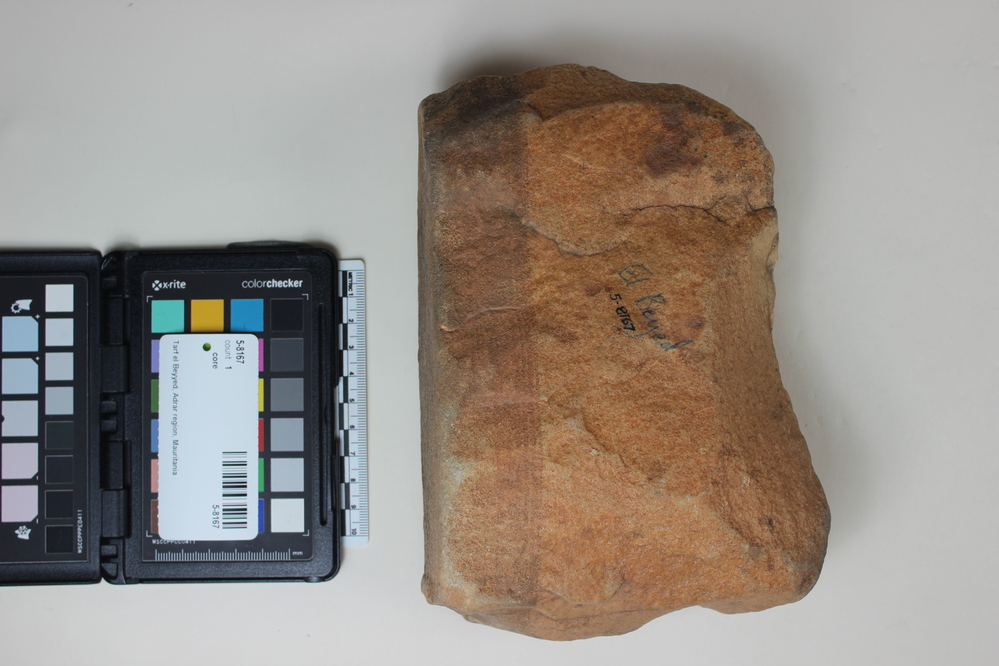 Hearst Museum object titled Core, accession number 5-8167, described as Core; unifacial; negative bulb of percussion; length 20.6 cm. type E4