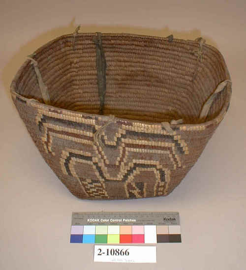 Hearst Museum object 1 of 3 titled Cooking basket, accession number 2-10866, described as Brown, square shaped, imbricated black, white, and reddish design.