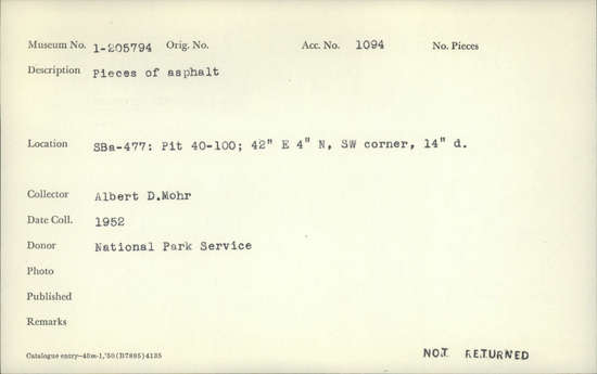Documentation associated with Hearst Museum object titled Asphalt, accession number 1-205794, described as Pieces of asphalt.