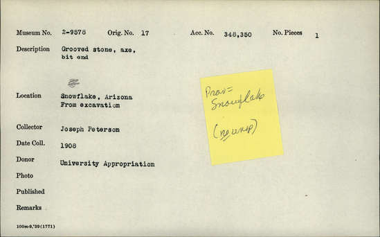Documentation associated with Hearst Museum object titled Axe, accession number 2-9578, described as Made of grooved stone, bit end.