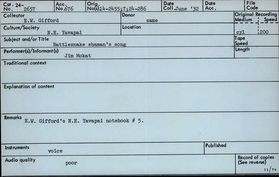 Documentation associated with Hearst Museum object titled Audio recording, accession number 24-2657, described as Rattlesnake shaman's song