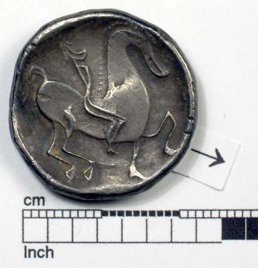 Hearst Museum object 6 of 6 titled Coin: ar tetradrachm (barbarous imitation), accession number 8-4488, described as Coin; AR; Tetradrachm; Greek. 13.63 grams, 25 mm. Obverse: traces of head l. laureate. Reverse: Horseman r. Remarks: "Barbarous imitation of Philip II